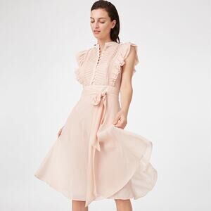 Club Monaco Pintuck Button Flutter Sleeve Belted Pink Coquette Midi Dress 10